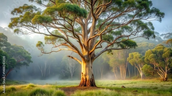 Obraz River red gum tree standing alone in a misty forest