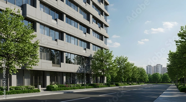 Fototapeta apartment building,  residential building,  modern architecture, Modern apartment building on a tree-lined street