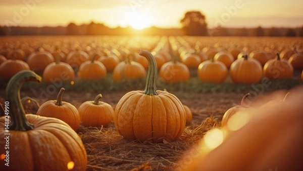Fototapeta Sunset over organic pumpkin field viewed from low angle, showcasing numerous squash and large pumpkins being harvested