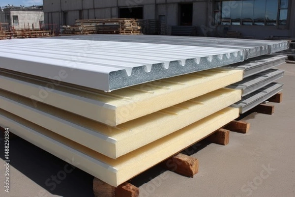 Obraz sustainable building materials,Stacked insulated metal panels on a pallet, ready for use in construction or industrial applications.