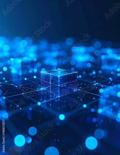 Fototapeta A glowing blue cube stands out in a digital network, surrounded by shimmering dots and lines, representing advanced technology and data visualization