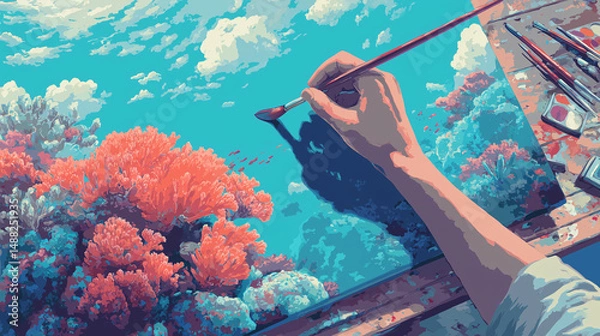 Fototapeta A painter illustrating an underwater coral reef scene, painter working, pixel style