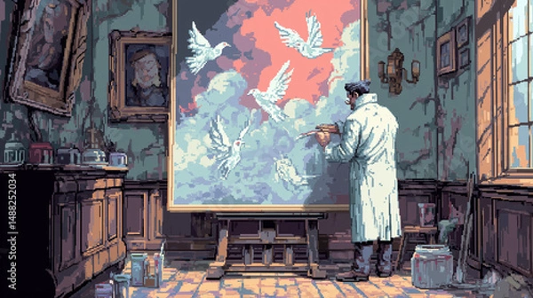 Fototapeta A painter in a haunted mansion painting ghostly figures, painter working, pixel style