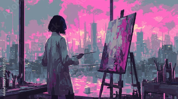 Fototapeta A futuristic city with neon lights being painted on a digital canvas, painter working, pixel style