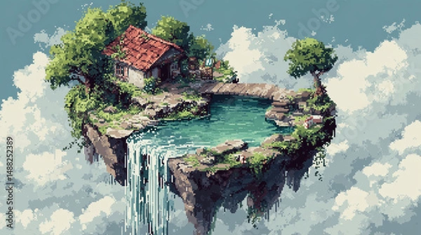 Fototapeta Floating island with a tiny cottage and waterfall, artist working, pixel style