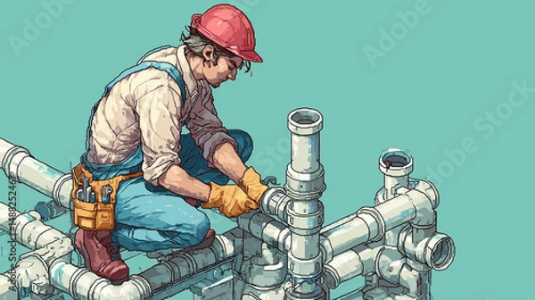 Fototapeta A builder assembling pipes for plumbing, builder working, pixel style
