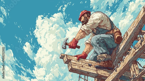 Fototapeta A builder hammering nails into a wooden frame, builder working, pixel style
