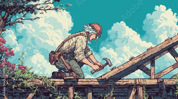 Fototapeta A builder hammering nails into a wooden frame, builder working, pixel style