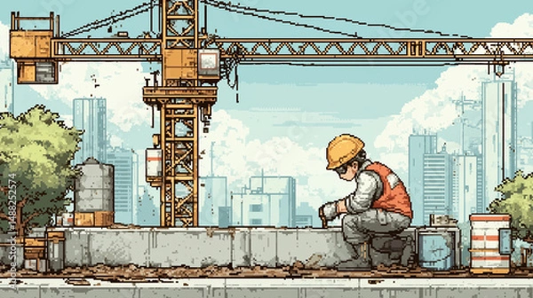 Fototapeta A builder laying down concrete foundation, builder working, pixel style