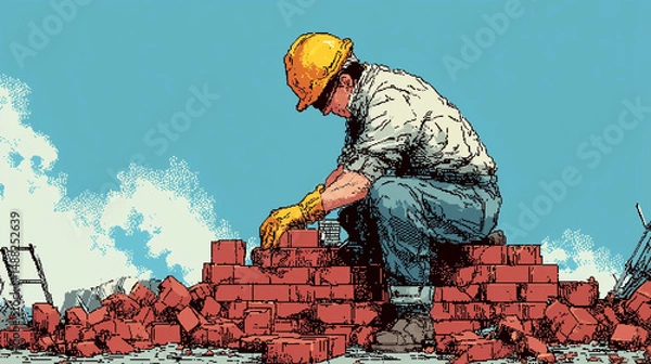 Fototapeta A builder laying bricks at a construction site, builder working, pixel style