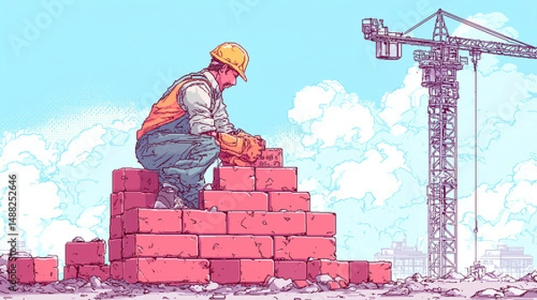 Fototapeta A builder laying bricks at a construction site, builder working, pixel style