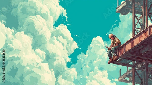 Fototapeta A builder welding steel beams on a skyscraper, builder working, pixel style