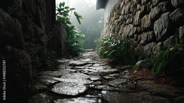 Obraz point of view walking through a narrow stone alley fading into fog, cracked path underfoot, wet ground, Old village Japanese cinematic lighting, dramatic mood
