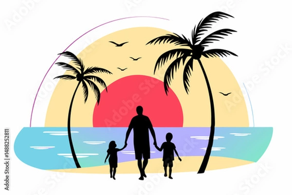 Fototapeta A tropical beach scene with a silhouetted father and child