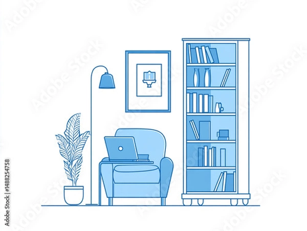 Fototapeta A minimalist line art illustration of a living room featuring a sofa with a pillow and mug, a floor lamp, potted plants, bookshelves with books and vases, and a laptop on a small table, all in blue ou