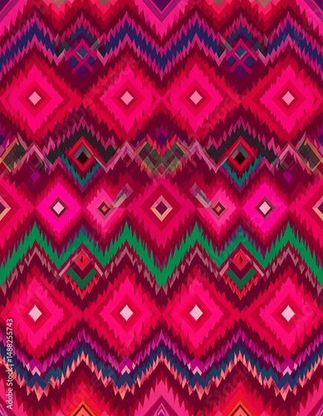 Fototapeta Vibrant geometric pattern with bold colors, featuring diamonds and zigzag shapes, perfect for textiles or digital backgrounds