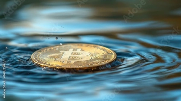 Obraz Bitcoin Cryptocurrency Coin Floating on Water Surface