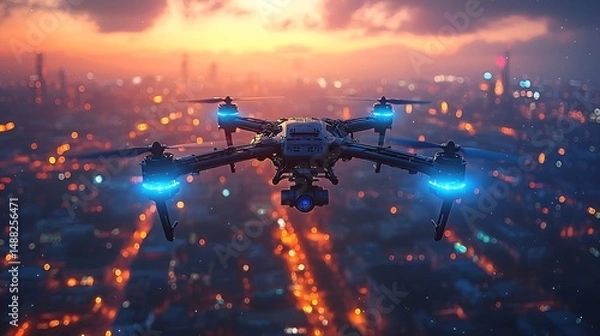 Fototapeta Drone surveillance over illuminated cityscape at sunset