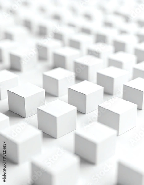 Fototapeta A close-up view of numerous small white cubes arranged in a grid pattern, creating a minimalist and modern aesthetic