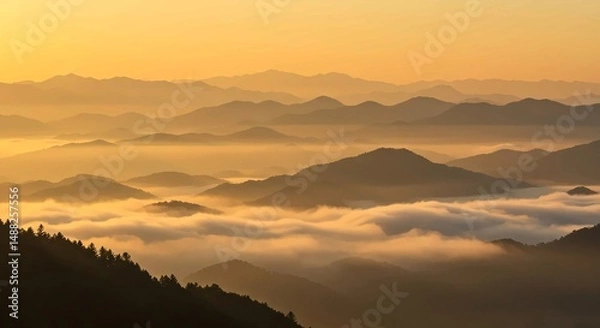 Fototapeta Misty Mountain Range at Sunrise | Atmospheric Layered Peaks, Serene Golden Light, Majestic Foggy Landscape, Tranquil Wilderness Vista, Ethereal Morning View