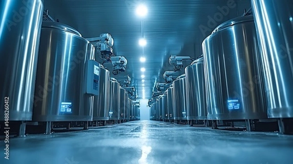 Fototapeta Industrial food processing tanks, automated, refrigerated facility