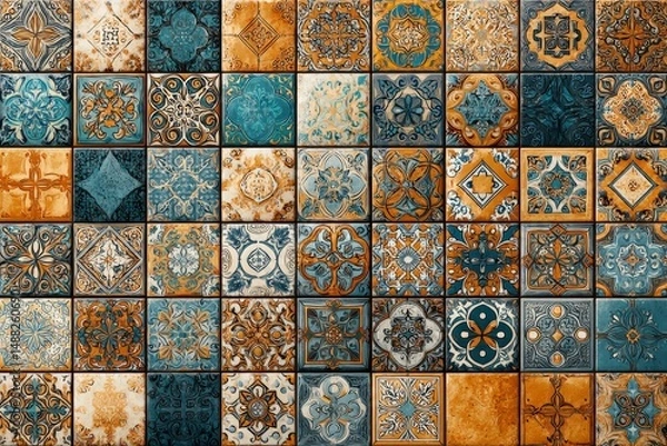 Fototapeta Colorful vintage ceramic tiles with intricate patterns.