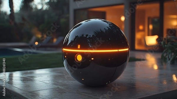 Fototapeta Futuristic sphere on patio at sunset