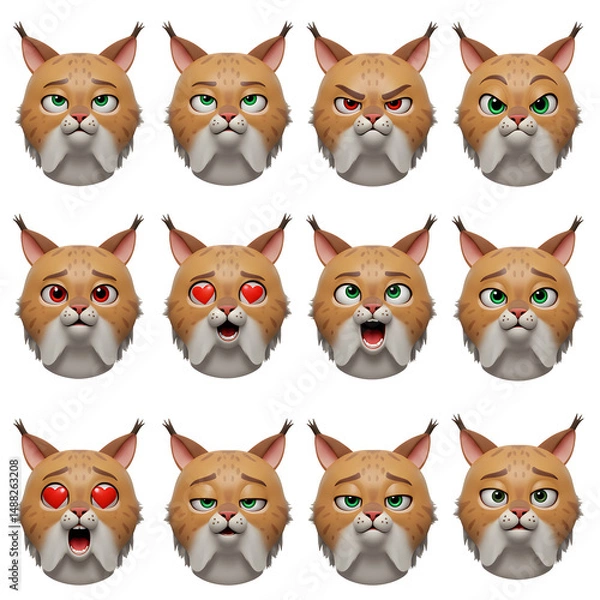 Fototapeta Cartoon lynx faces with various expressions set on transparent background