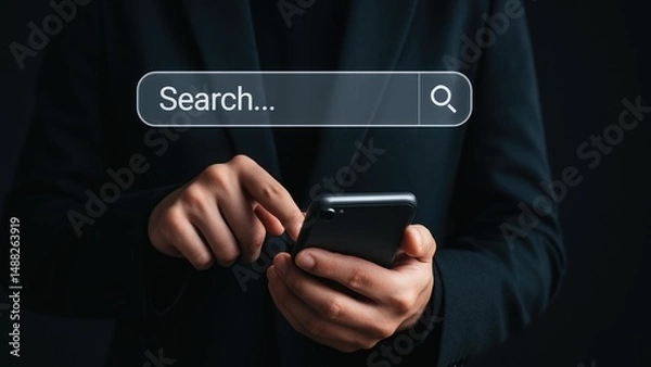 Fototapeta A person using a smartphone with a search bar in a dark environment.