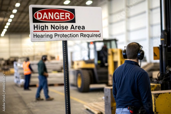 Obraz Workers wearing hearing protection in a noisy industrial warehouse with a high noise area warning sign.