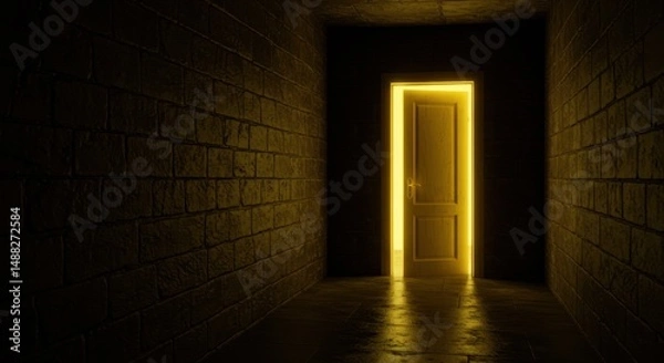 Obraz Eerie Golden Door in a Dark Hallway