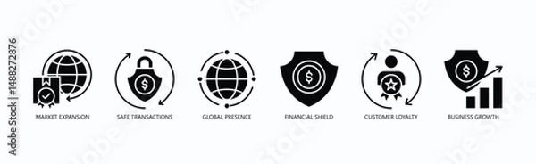 Fototapeta Global Ascend Icon Set Isolated Vector With Icon Of Market Expansion, Safe Transactions, Global Presence, Financial Shield, Customer Loyalty, Business Growth In Glyph Style