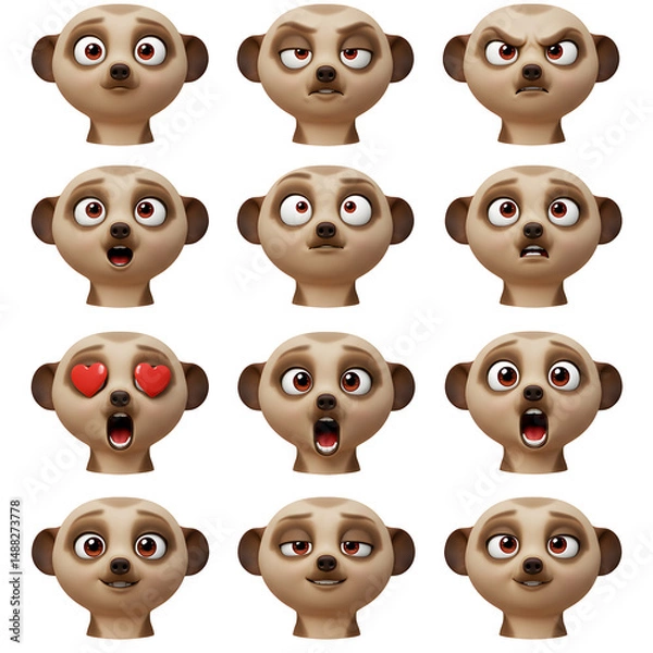 Fototapeta Cartoon meerkat faces with various expressions on transparent background