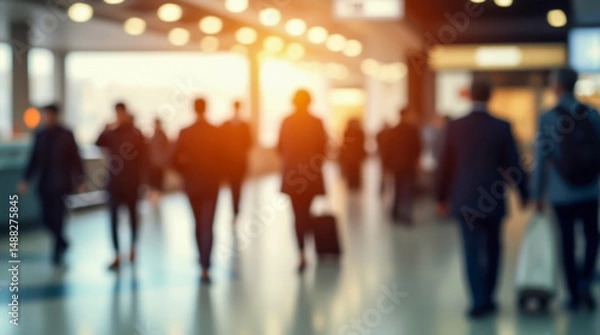 Fototapeta A blurred image of passengers hurrying through a bright airport terminal