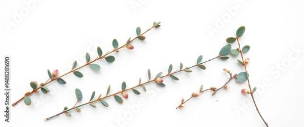 Fototapeta Simple eucalyptus sprigs arranged on white, copy space , greenery,  aromatherapy