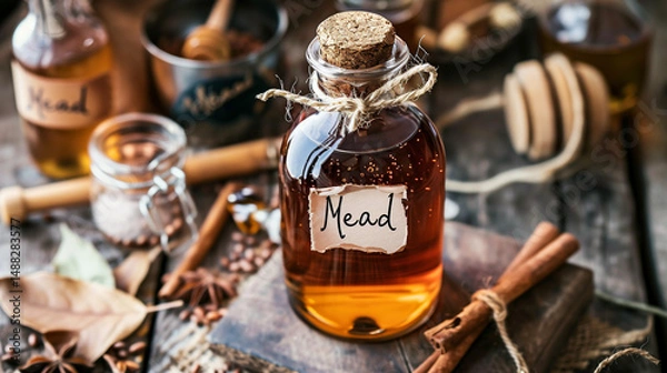 Fototapeta Glass bottle of mead on rustic table with ingredients.