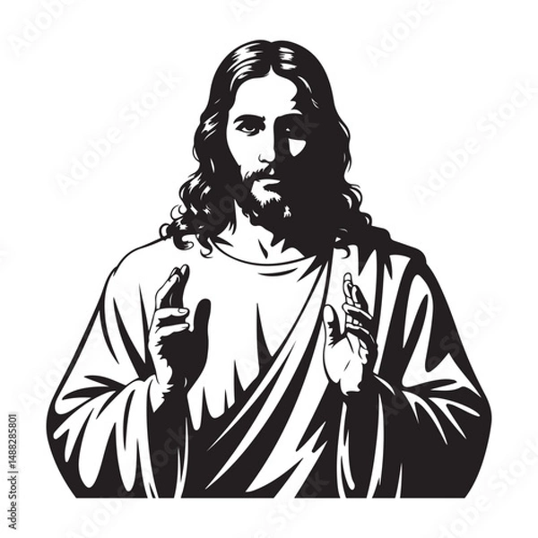 Obraz Black Jesus Christ with flowing hair and beard, Vector black silhouette. with white background