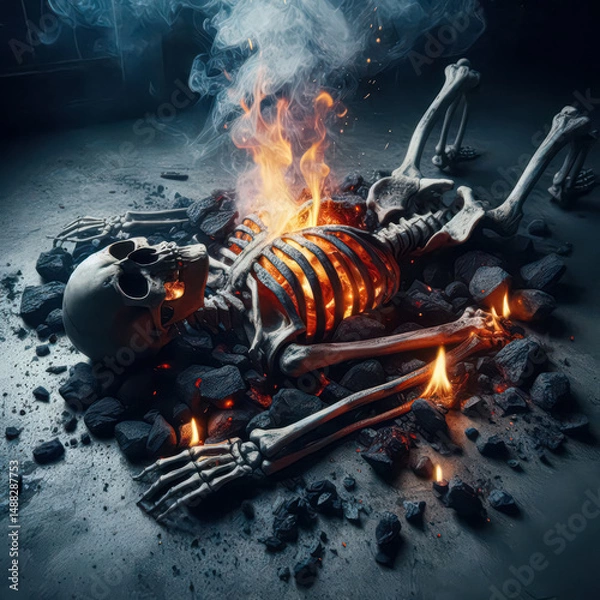 Fototapeta Skeleton lies on dark ground surrounded by glowing embers and flames during a mysterious ritual at night
