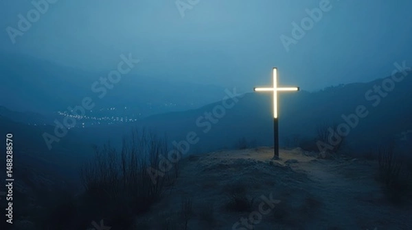 Obraz Illuminated Cross on Mountaintop at Night