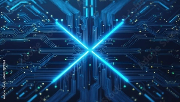 Fototapeta Abstract blue background featuring technology vector with circuit board texture