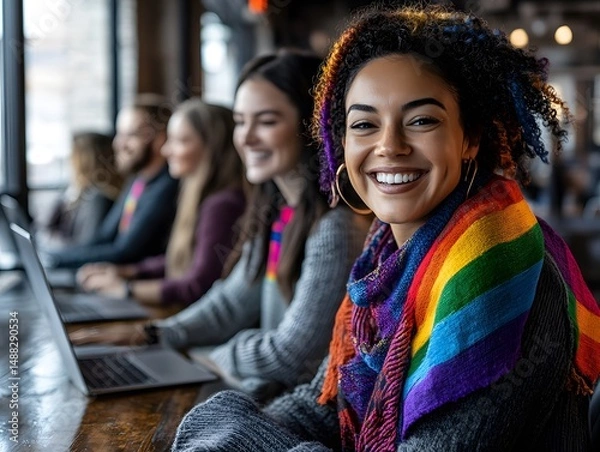 Obraz LGBTQ Diversity and Inclusion at Work, Smiling Team Collaborating with Pride