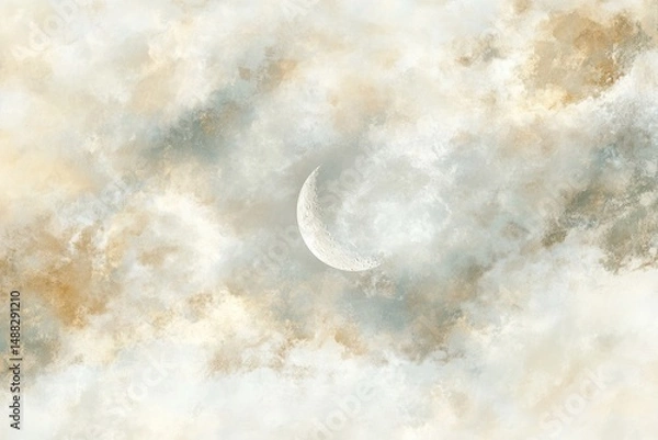 Fototapeta A serene crescent moon hangs against a textured backdrop of soft, watercolor-like clouds in soothing neutral tones.