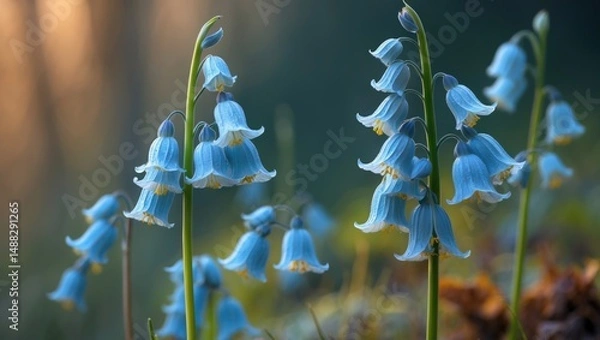 Fototapeta Beautiful bluebell blooms in a botanical setting with colorful background
