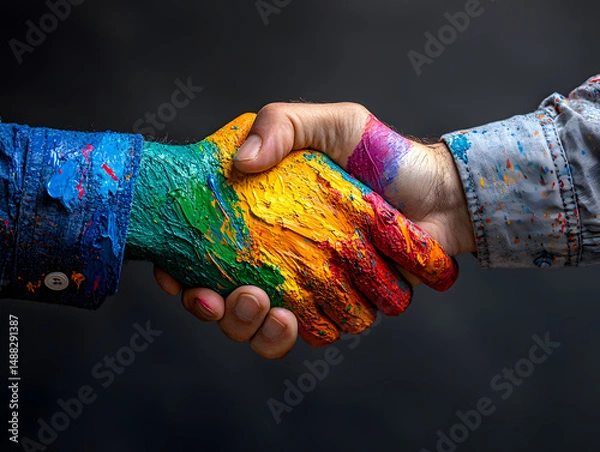 Obraz Creative Handshake Covered in Rainbow Paint Representing LGBTQ Unity and Expression