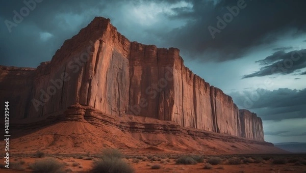 Fototapeta Vertical image of a massive cliff in a desert beneath a cloudy sky