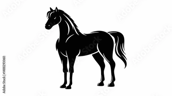 Fototapeta Silhouette of a majestic horse standing gracefully with flowing mane and tail in stark black and white design editable vector eps/eps