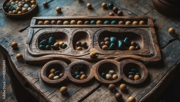 Fototapeta Cultural Swahili Board Game with Carved Wooden Pattern and Seeds