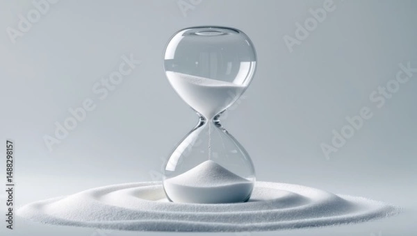 Fototapeta White sand timer against a white backdrop. Time management concept for business deadlines, urgency, and results.