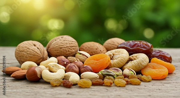 Fototapeta Assorted Nuts and Dried Fruits on Wooden Table – Walnuts, Hazelnuts, Cashews, Almonds, Pistachios, Dates, Dried Apricots, Figs, Raisins, Healthy Snack, Vegan Food, Natural Light, High-Resolution
