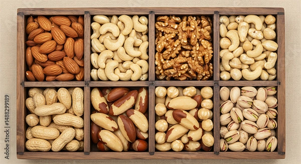 Fototapeta Wooden Box Filled with Assorted Nuts – Almonds, Cashews, Walnuts, Brazil Nuts, Hazelnuts, Peanuts, Pistachios, Healthy Snack, Vegan Protein, High-Resolution Food Photography